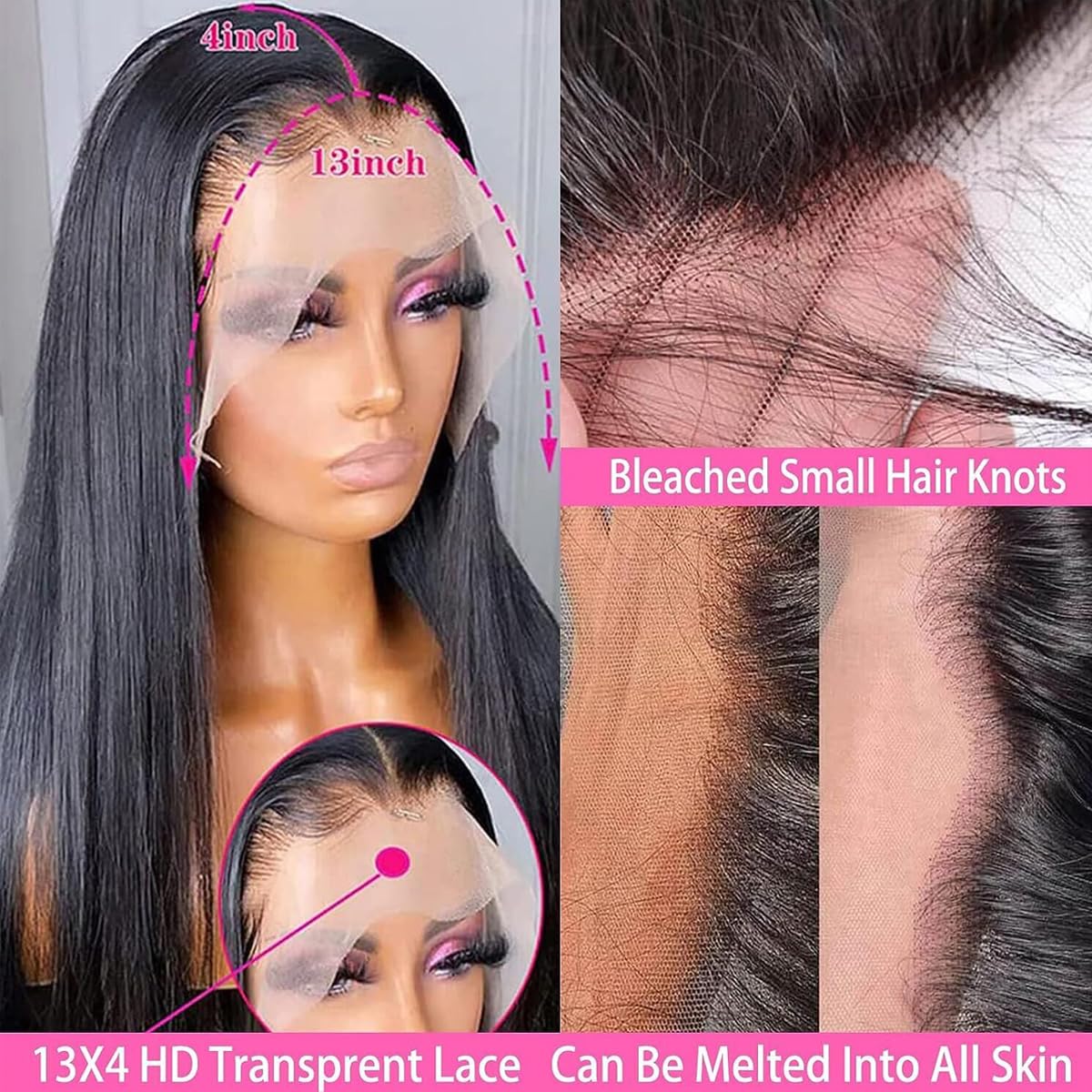 Straight Human Hair Pre Plucked, 180 Density 13x4 HD Transparent Lace Front Wigs, Glueless Wig with Baby Hair, Brazilian Natural Color 20&nbsp;Inch