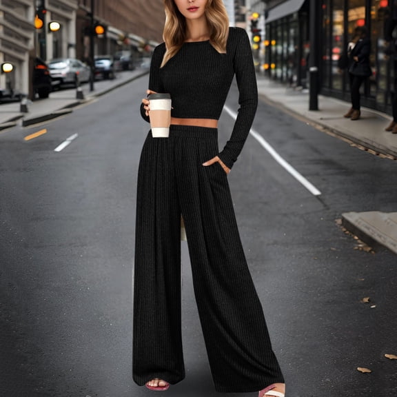 Pajama Sets for Women Solid Color Print Long Sleeve Top And Pant Pj Set Soft Loungewear Two Piece Holiday Sleepwear Sets Black L