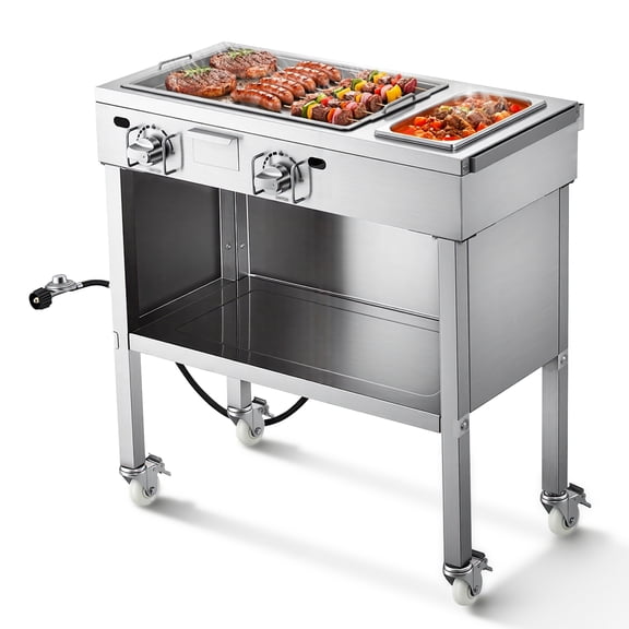 VEVOR Outdoor Propane Griddle, 2 Burners (11,600 BTU Each), Commercial Stainless Steel Gas Griddle Cart with 4 Lockable Wheels, 1/3 Food Pan, Easy-Grip Side Handle, Ideal for Hot Dogs,Burgers & Meats