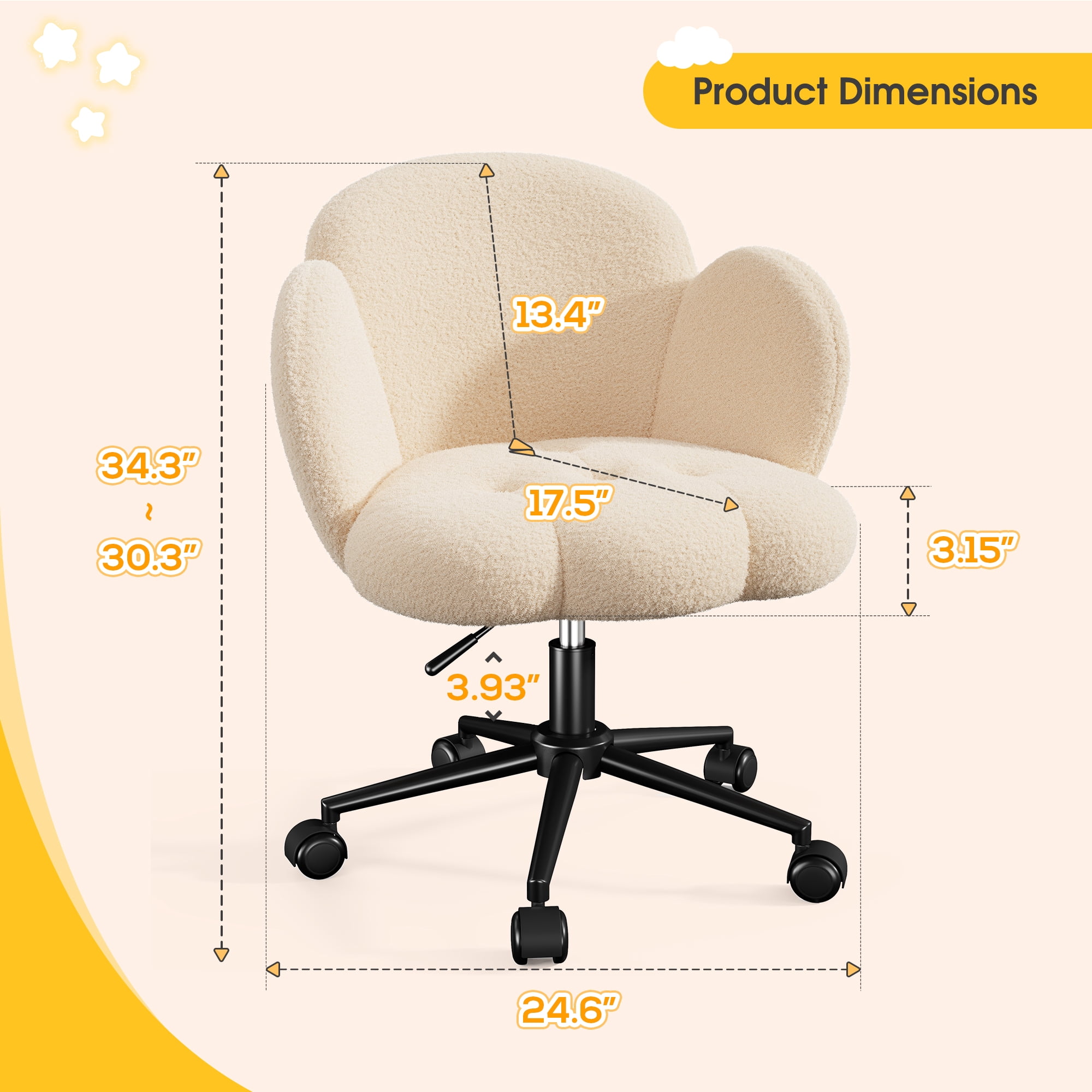 Romorgniz Vanity Chair with Back & Wheels Upholstered Desk Chair Height Adjustable Teddy Velvet Computer Task Chairs for Home Office, Beige