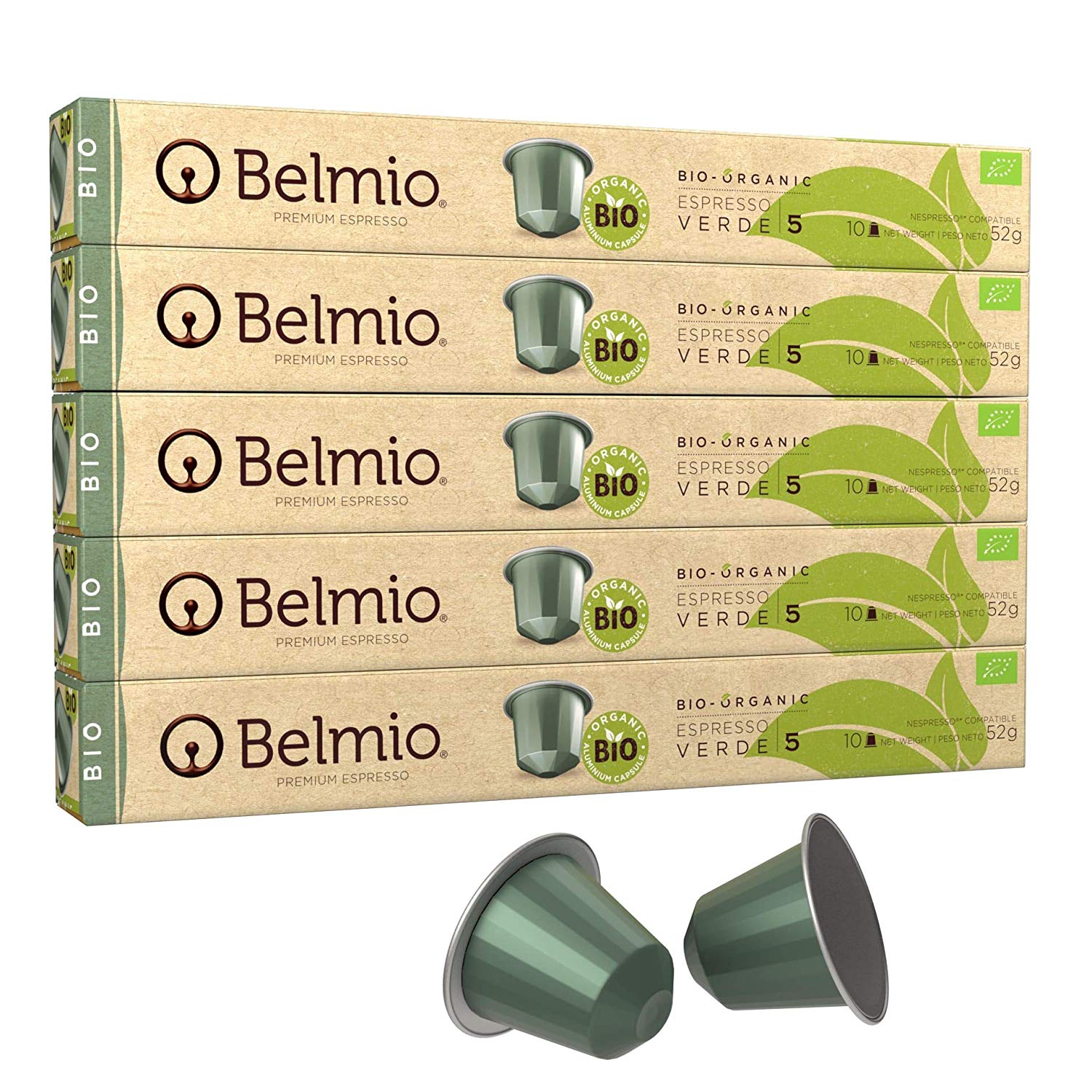 Belmio Espresso Verde Aluminum Coffee Capsules, Intensity 5, 50 (5 x 10) Capsules, Nespresso