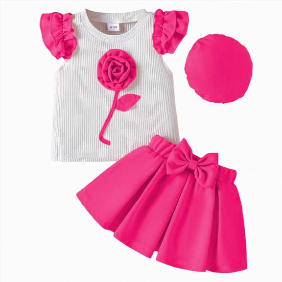 Ccpelsie Toddler Girls Clothes Summer 2 Piece Outfits Ruffle Trim Top and Short Sets Kids Casual Outwear(Hot Pink,12-18 Months)
