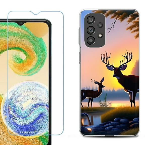 Shockproof Fashion Phone Case for Samsung Galaxy A23 5G, with Tempered Glass Screen Protector, by OneToughShield ® - Deer Sunset