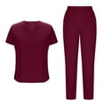 thumbnail image 2 of Jinhomg Women's Nursing Scrubs Sets Loose Fit Comfy Short Sleeve V-Neck Tunics with Elastic Waist Jogger Pants 2 Piece Solid Working Uniform Wine M, 2 of 8
