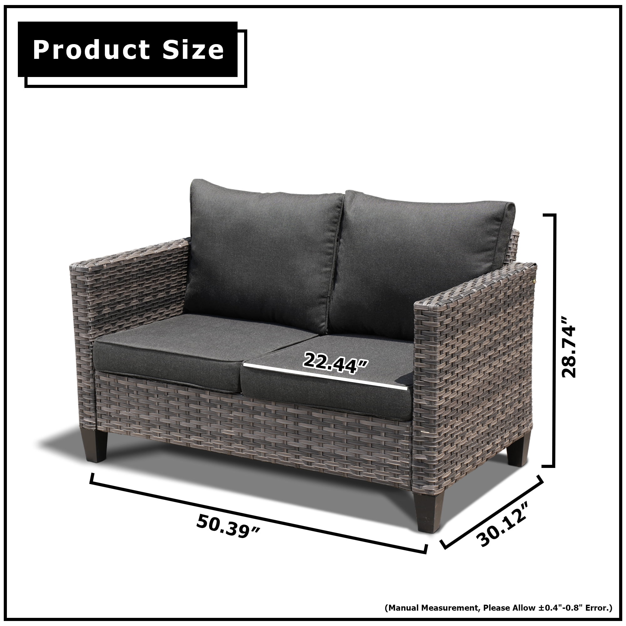 XIZZI Outdoor Furniture 50" Loveseat Sofa Couch with Gray Wicker Rattan(Black Cushion)