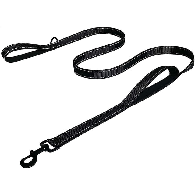 Dog Leash Double Handles Lead for Control Safety Training, designed for large or medium dogs. The black leash features reflective stitching for visibility and two padded handles for comfort and control. Ideal for casual walks, training, or crowded areas, with a durable clip for secure attachment.