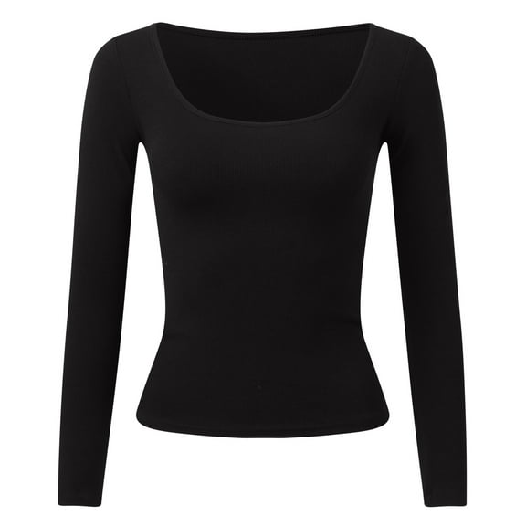 Womens tops Slim Fit Base Solid Color Long Sleeved Round Neck Womens Clothes,Black,L
