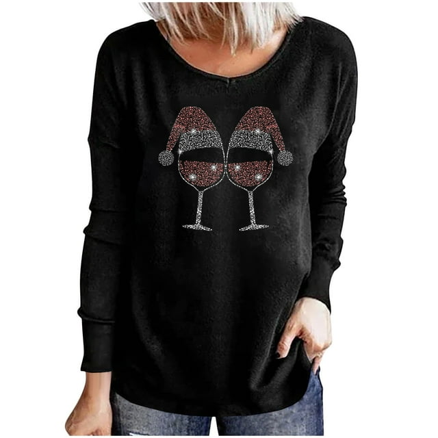 DPTALR Ladies Casual Christmas Print Round Neck Loose Long Sleeve Top