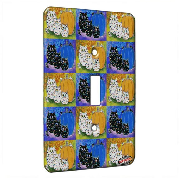 KuzmarK™ Single Gang Toggle Switch Wall Plate - Fiesta Polka Dot Kitties and Mice with Pumpkin Mouse and Cat Pattern Art by Denise Every