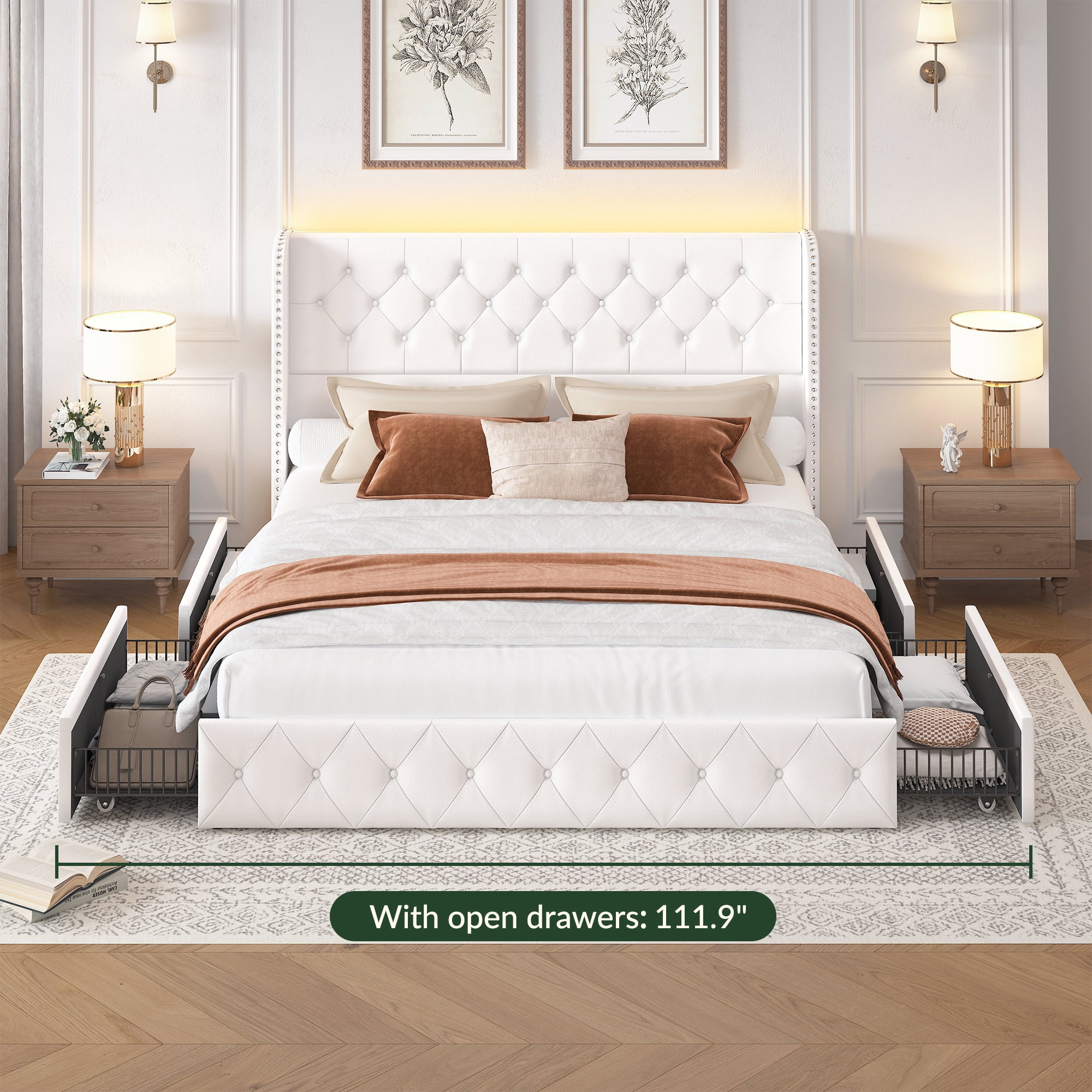 Breltam King Size Bed Frame with Storage Drawers and Tufted Headboard Velvet Upholstered Platform Bed Frame with LED Light Wingback, White