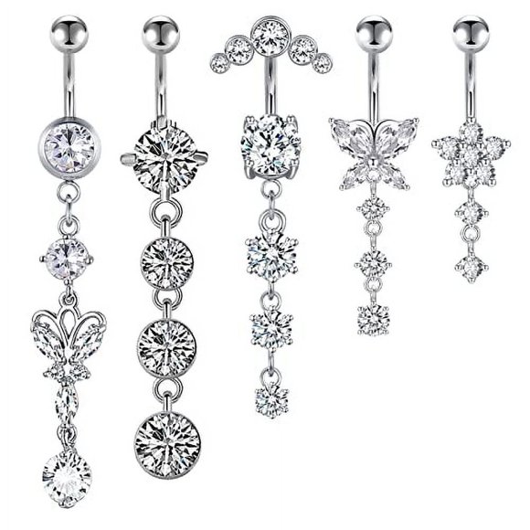 Briana Williams 14G Dangle Belly Button Rings Surgical Steel Belly Button Rings Dangling CZ Belly Rings for Women Silver Rose Gold Belly Button Piercing Jewelry Silver