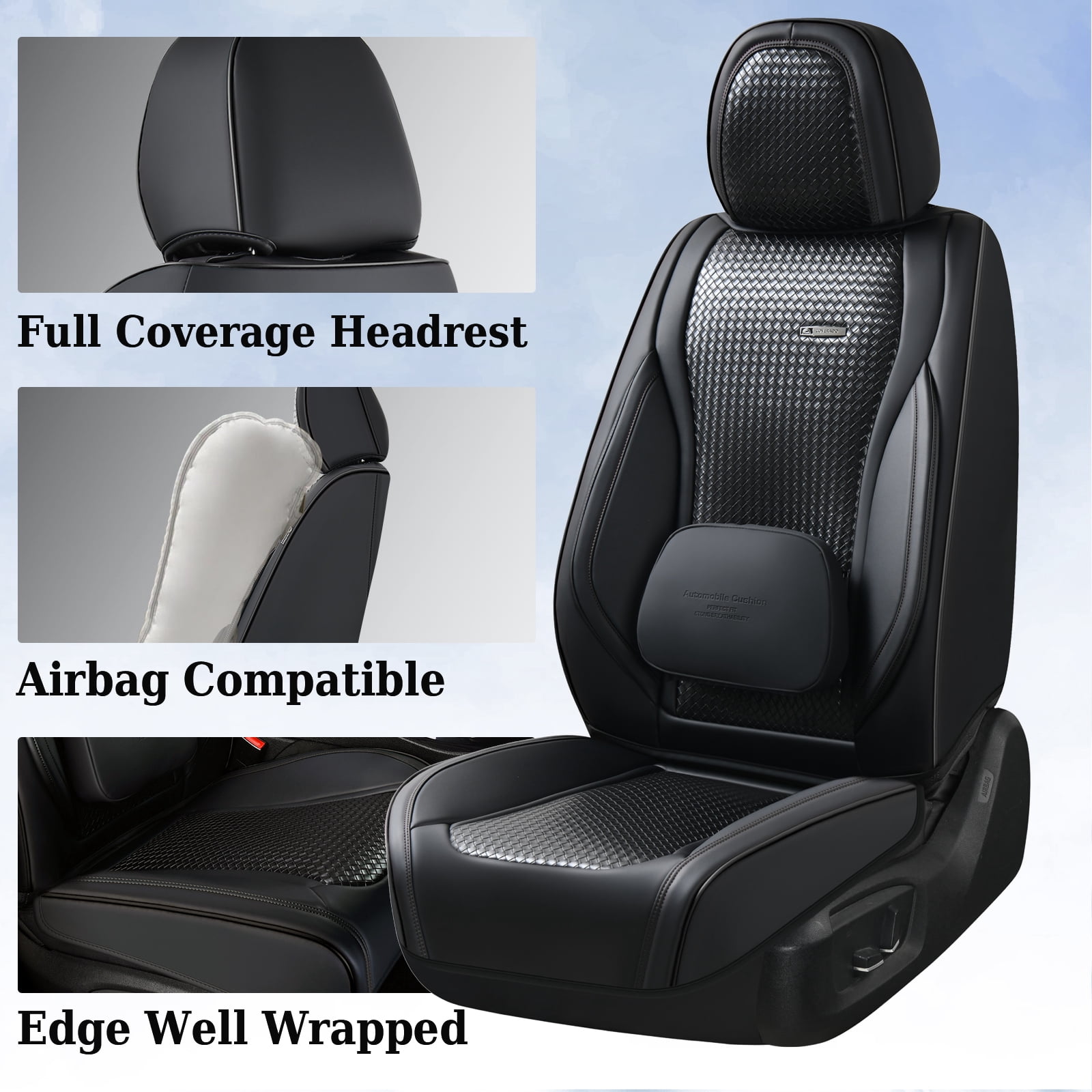 Coverado Waterproof Seat Covers For Cars, High-grade Leather Front Seat Protectors with Lumbar Support, Auto Cushions Universal Fit for Most Cars SUV Trucks, Black