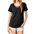thumbnail image 3 of Nlife Women Criss Cross V Neck Short Sleeve Solid Color T-shirt, 3 of 7