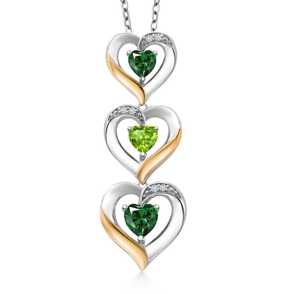 Gem Stone King 925 Silver and 10k Yellow Gold Green Nano Emerald Green Peridot and White Lab Grown Diamond Triple 3 Heart Shape Pendant Necklace for Women (1.20 Cttw, with 18 inch Chain)