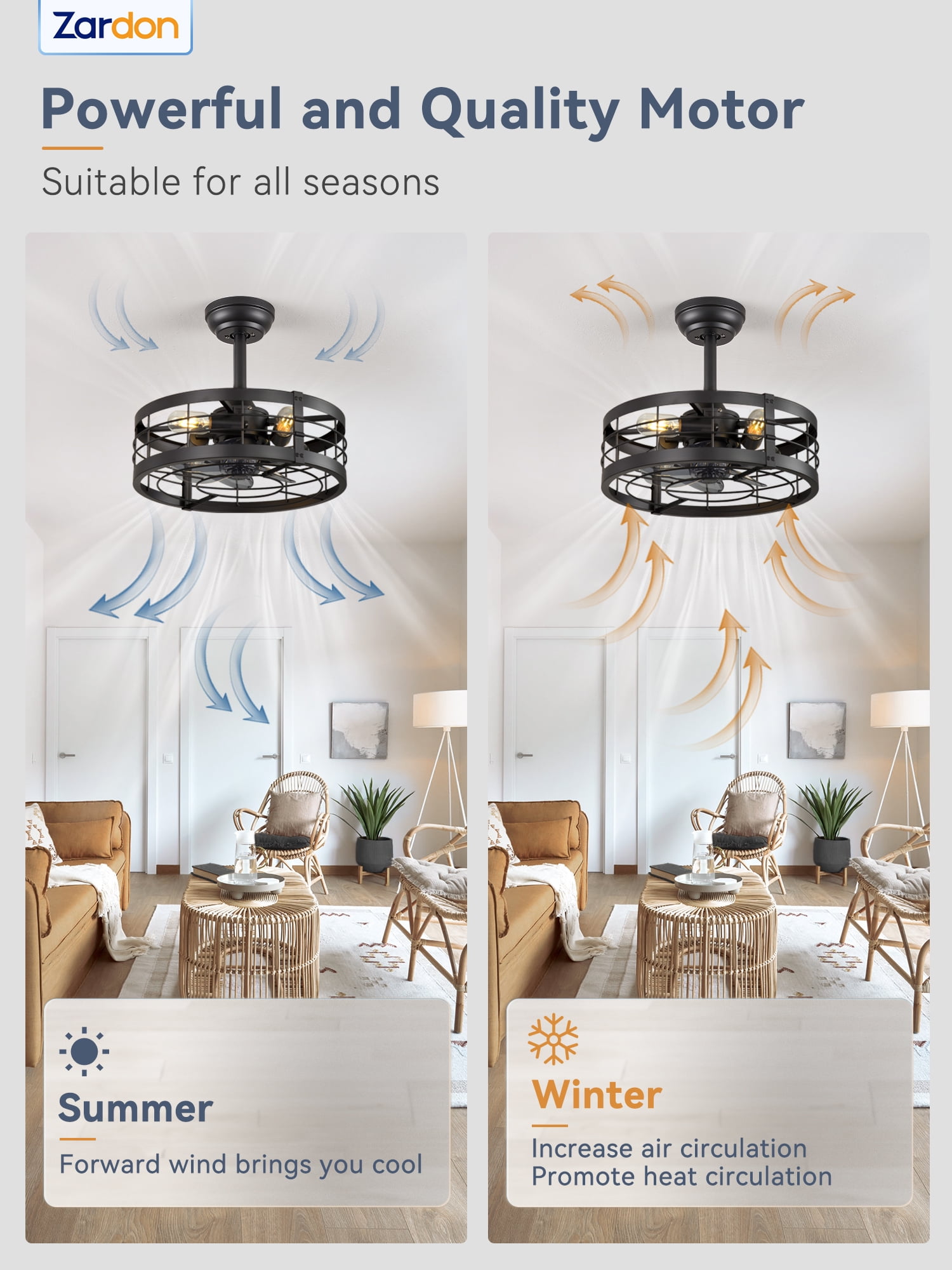 Zardon 16.5 inch Caged Ceiling Fan with Light and Remote Control, Black Farmhouse Ceiling Fans for Kitchen, Bedroom, Indoor, 6 Speed, Quiet, Timing