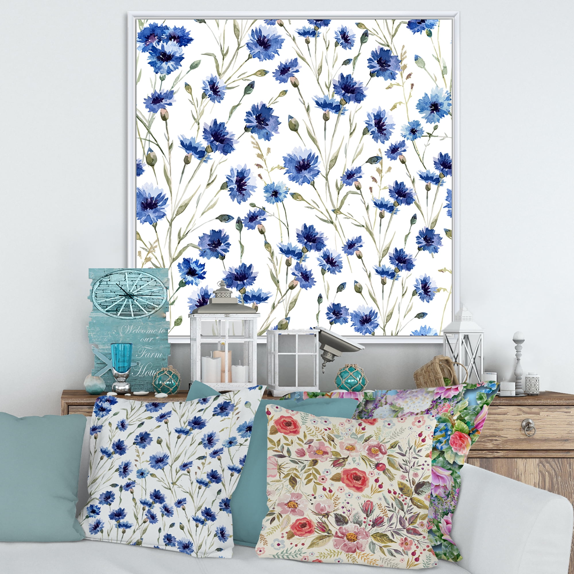 Designart 'Blue Wildflowers With Green Leaves On White' Traditional Framed Canvas Wall Art Print