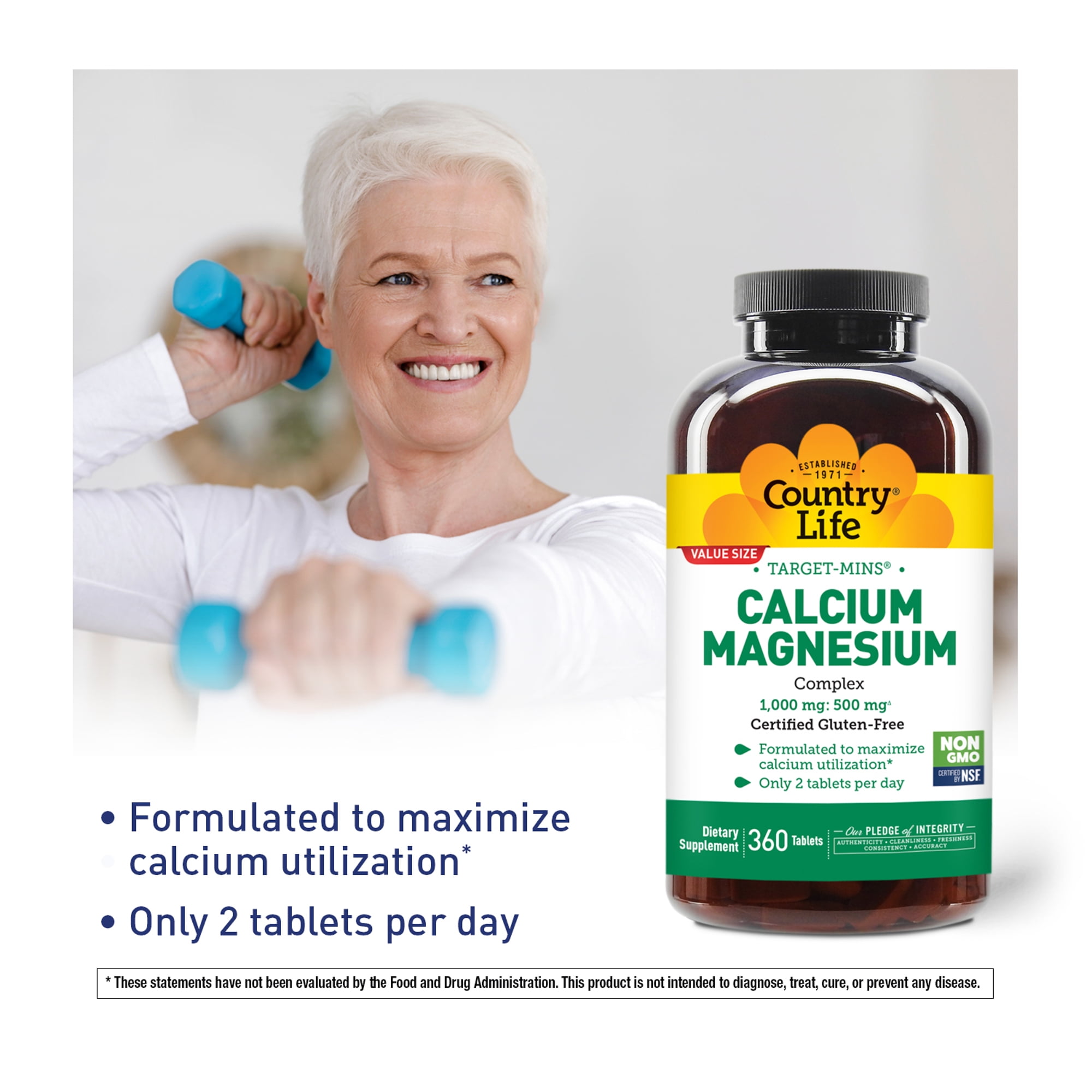 Country Life Target-Mins Calcium Magnesium Complex 1000mg/500mg, 360 Tablets, Certified Gluten Free, Vegan, Non-GMO Verified
