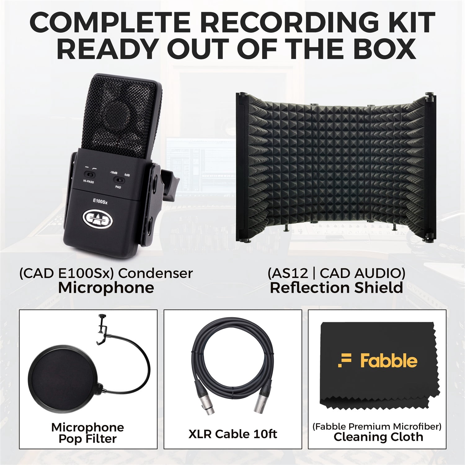 CAD Audio E100Sx Large Diaphragm Supercardioid Condenser Microphone Bundle with CAD Acousti-Shield AS12 Reflection Shield, 10ft XLR Cable, Pop Filter, and Custom Shockmount