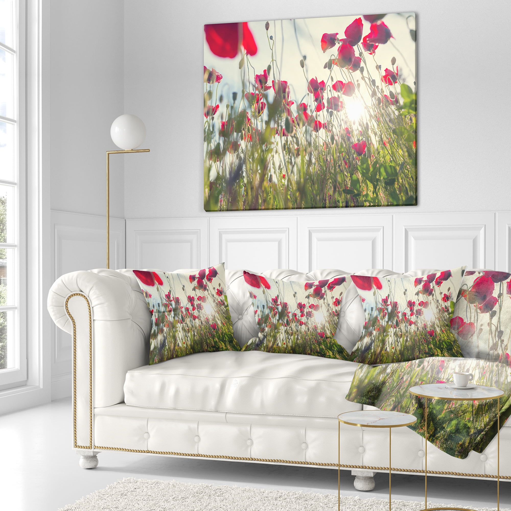 Designart Poppy Flowers on Summer Meadow - Floral Throw Pillow - 18x18