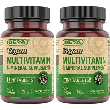 DEVA Tiny Tablets Vegan Multivitamins for Women & Men, Multivitamin with Iron, Mineral Supplement, Vitamin C, Vitamin B Complex, Vitamin B12, Vitamin E, Zinc, Gluten Free, 90 Tablets (Pack of 2)