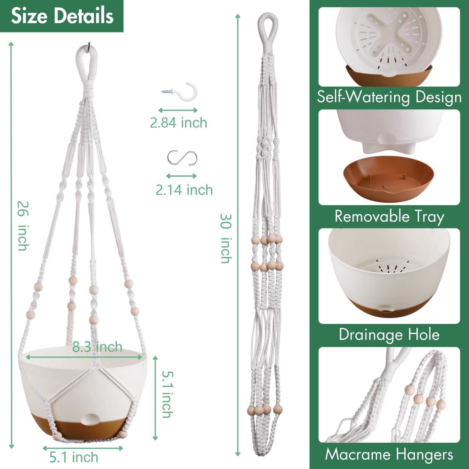 Diigabo 3-Pack 8-inch Self-Watering Hanging Planters with Macrame Hanger Indoor Plastic Plant Pots with Drainage Hole&Saucers Flower Baskets for Outdoor Garden Home Ceiling Decor(Multi-color)