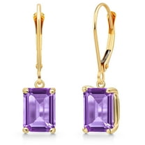 Gem Stone King 14K Yellow Gold Purple Amethyst Earrings for Women | 3.00 Cttw | Gemstone February Birthstone | Emerald Cut 8X6MM