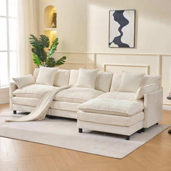 108" L-Shaped Sectional Sofa with Ottoman, Chenille Fabric Deep Seat, 4-Seat Modular Couch for Living Room Apartment, Beige