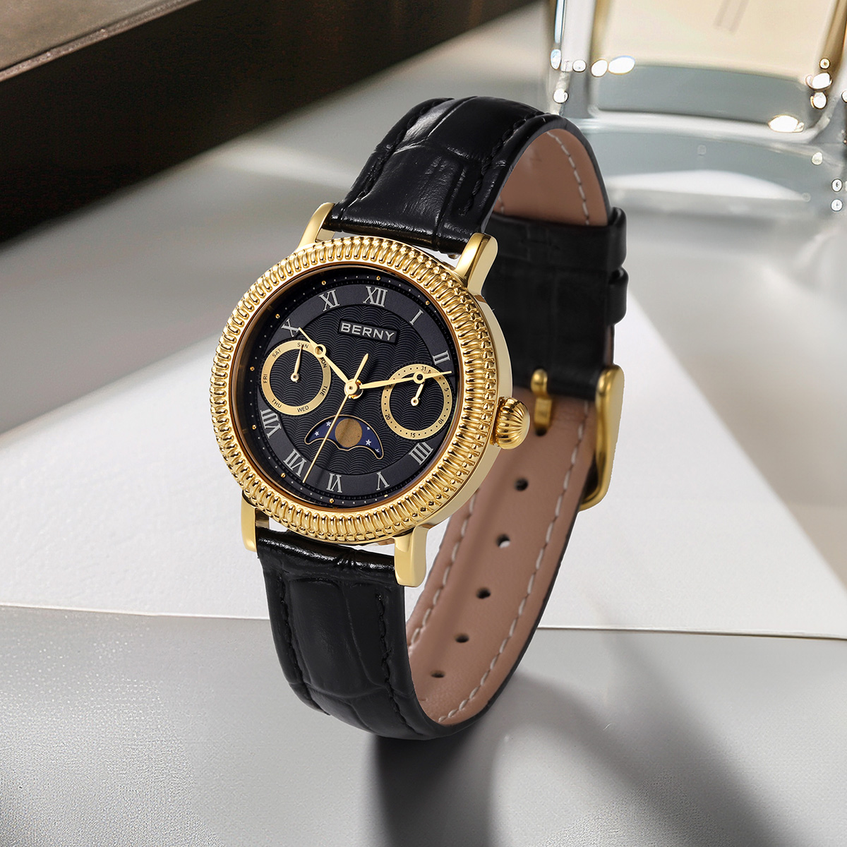 BERNY Womens Leather Watch, Vintage Roman Numerals Luxury Moon Phase Watch with Day & Date, Stainless Steel, Sapphire Crystal, Waterproof, Fashion Dress Analog Quartz Wrist Watches for Women (Gold)
