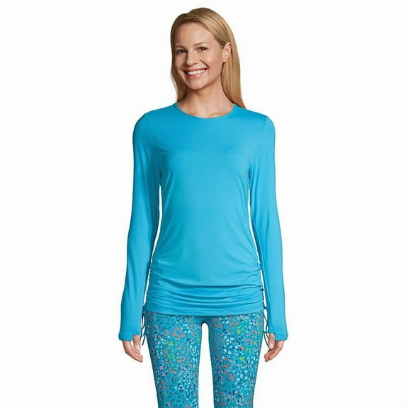 Women's Lands' End UPF 50 Ruched-Side Rash Guard Swim Tunic, Size: Medium, Blue