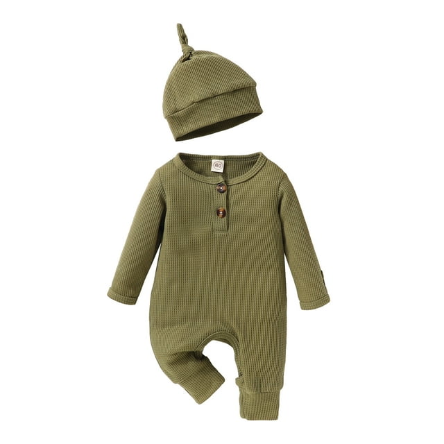 Baby Boys Waffle Rompers Solid Color Buttons Crew Neck Long Sleeve Infant Jumpsuits Fall Toddler Clothes Bodysuits with Hat