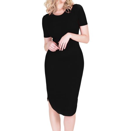 Women's Short Sleeve Round Hem Midi Body Con Dress (Black, (Best Dress Style For Apple Body Type)