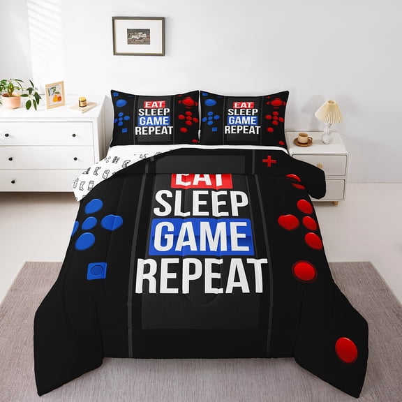 Gaming Comforter Set Video Games Comforter Teens Youth Gamer Bedding Set Eat Sleep Game Repeat Design Duvet Set Blue Black Red Room Decor Twin Size Reversible Bedspreads Coverlet Sets
