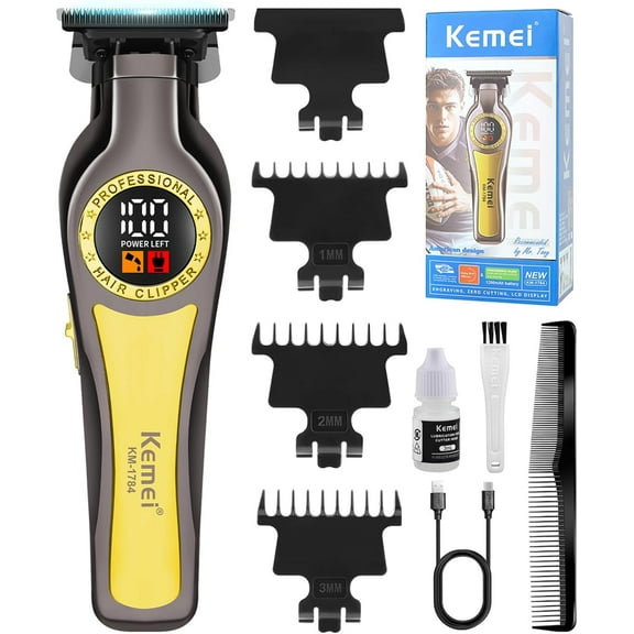 KEMEI 1784 Professional Hair Clipper for Men, Cordless Electric Beard Trimmer Men, Zero Gapped T-Blade Hair Trimmer with LED Display and 3 Guide Combs