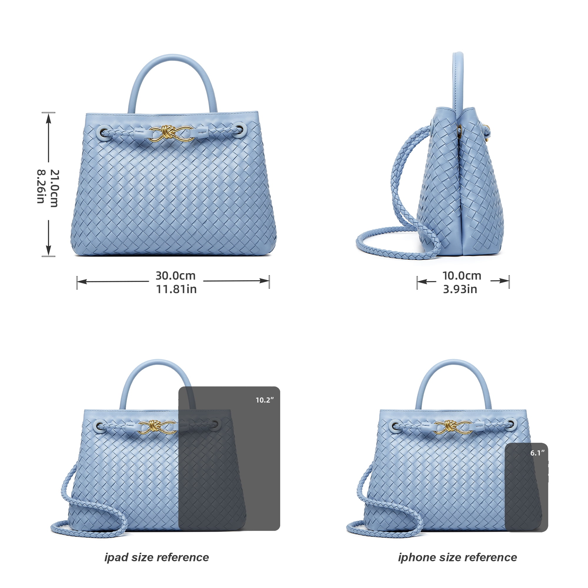 Woven Bag for Women Shoulder Purse: Vegan Leather Handbag - Handmade Tote Bag - Elegant Satchel Bag with Bowknot (Blue Color)
