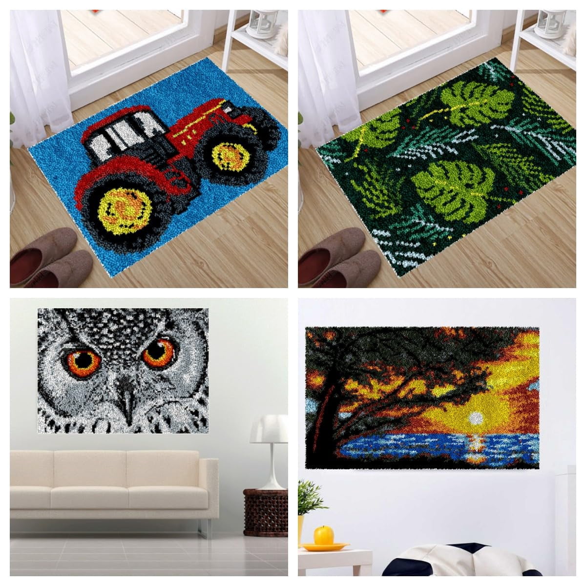 Skull Flowers Latch Hook Rectangle Rug Kits for Adults Needle Crochet Yarn Kits Embroidery Carpet Hook and Latch Kit Floor Mat Tapestry Christmas Home Decoration 52x38cm