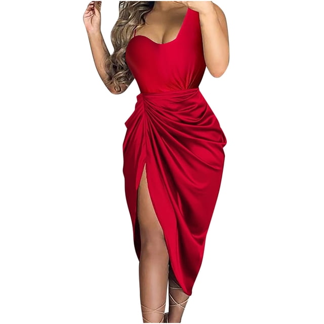 Women's Tunic Tank Bodycon Dress Solid Color Sleeveless Strap Midi Sundress Side Split Hem Ruch Wrap Cocktail Party Dresses