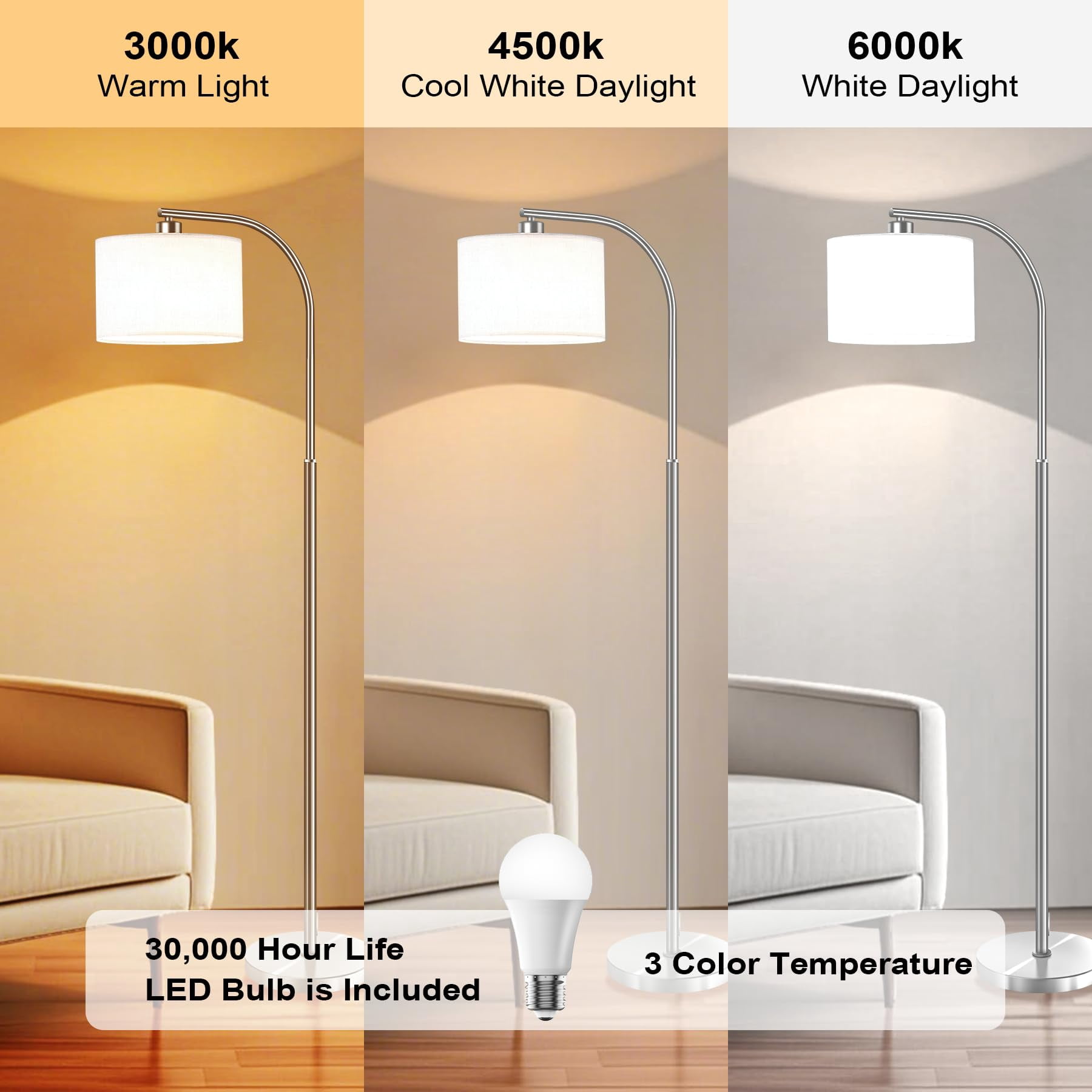 Floor Lamp For Living Room 65'' Modern Standing Lamps With 9w Led Bulb Tall Light Fabric Shade 3 Color Temperatures Bedroom Office Study Corner Dining