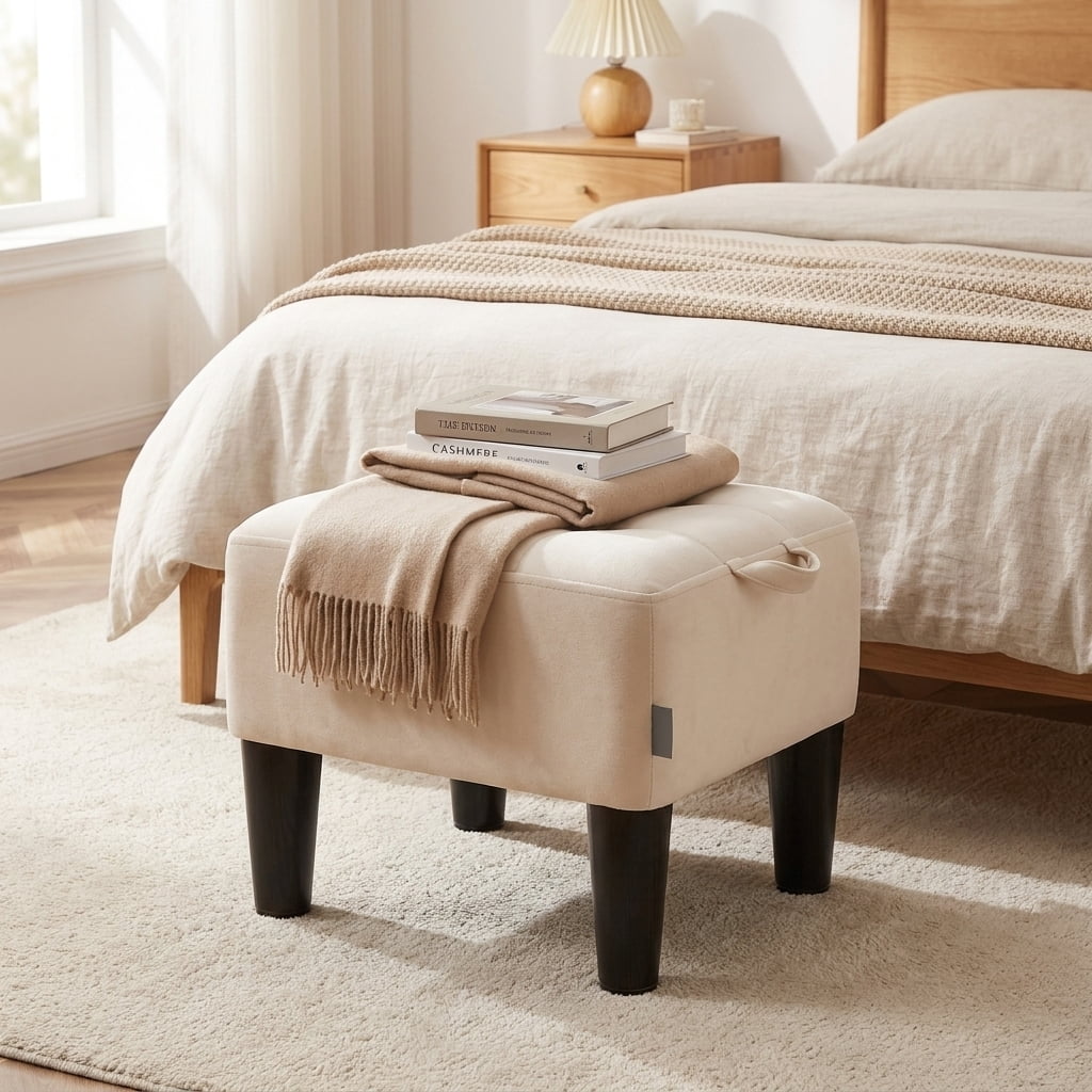Ledrem Small Ottoman Foot Stool with Thick Cushion & Sturdy Angled Legs, Cream White
