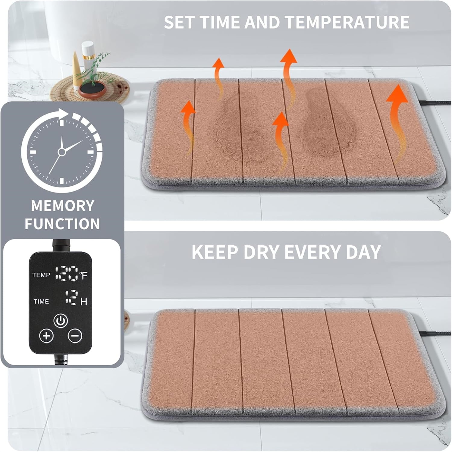 Heating Pad for Bathroom Rugs, with Memory Function, Adjustable Temperature (32-146℉) and Time (1-24h),Keep Dry Bathroom Bath Mat in Winter Every Day, Waterproof, 25"x17.5"