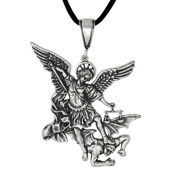 Saint Michael Sterling Silver Pendant Necklace Oxidized Size L 55 mm St. Michael Archangel