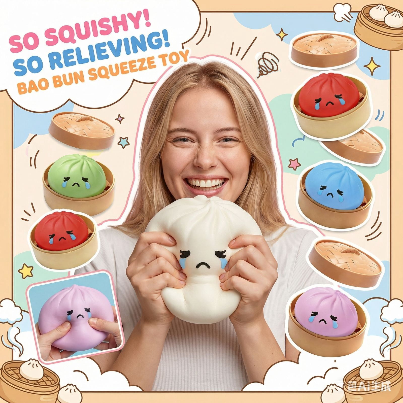 Yippzo Crying Dumpling Squishy Stress Ball, Jumbo Rainbow Mystery Squishy Bun Sensory Toys, Soft Squeeze Toys for Adults, Party Favors