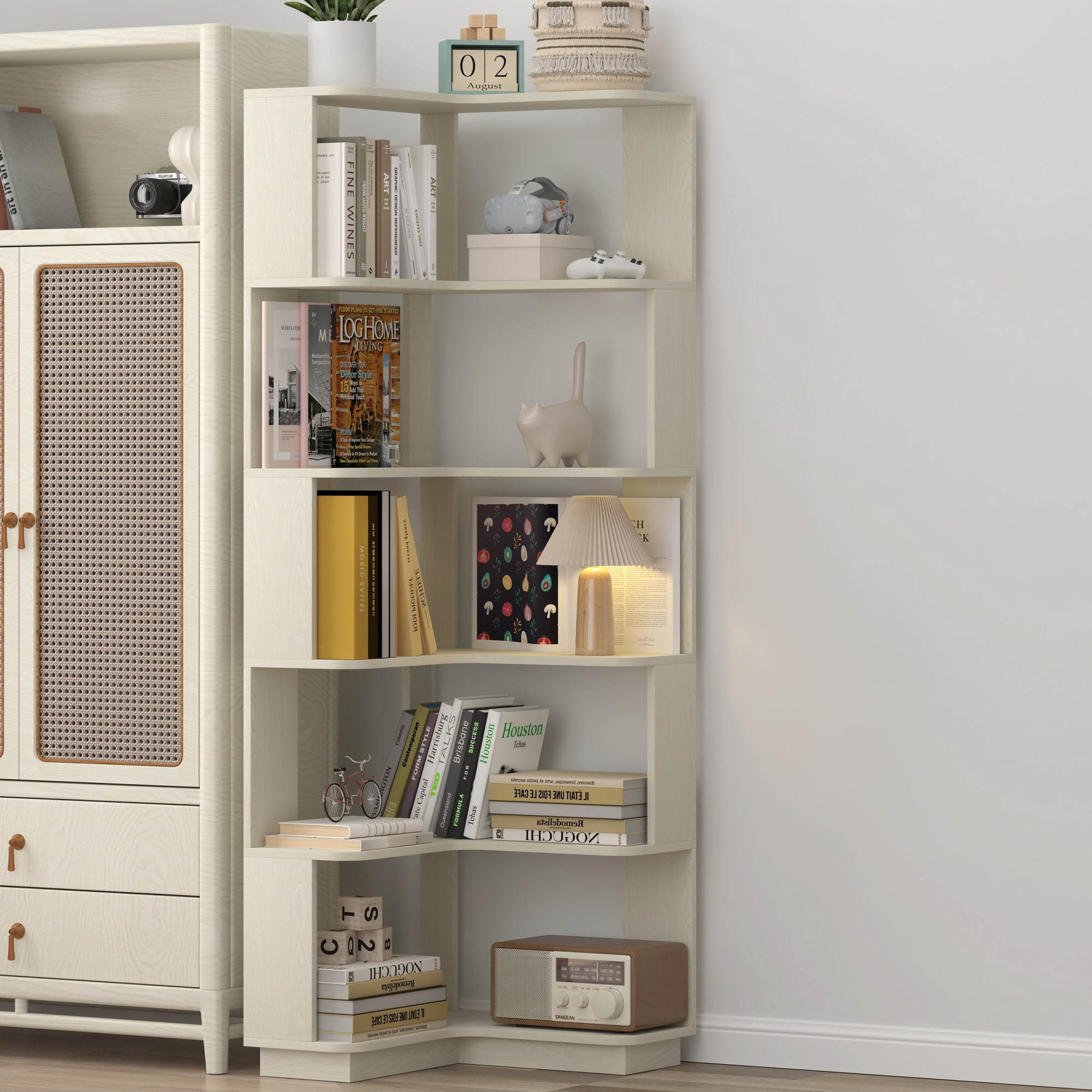 Leumius 6 Tier Freestanding L-Shaped Corner Bookshelf, Wooden Bookcase with anti-drop panle and anti tipping device, Display shelf Open storage rack Organizer for Home Office,White Oak