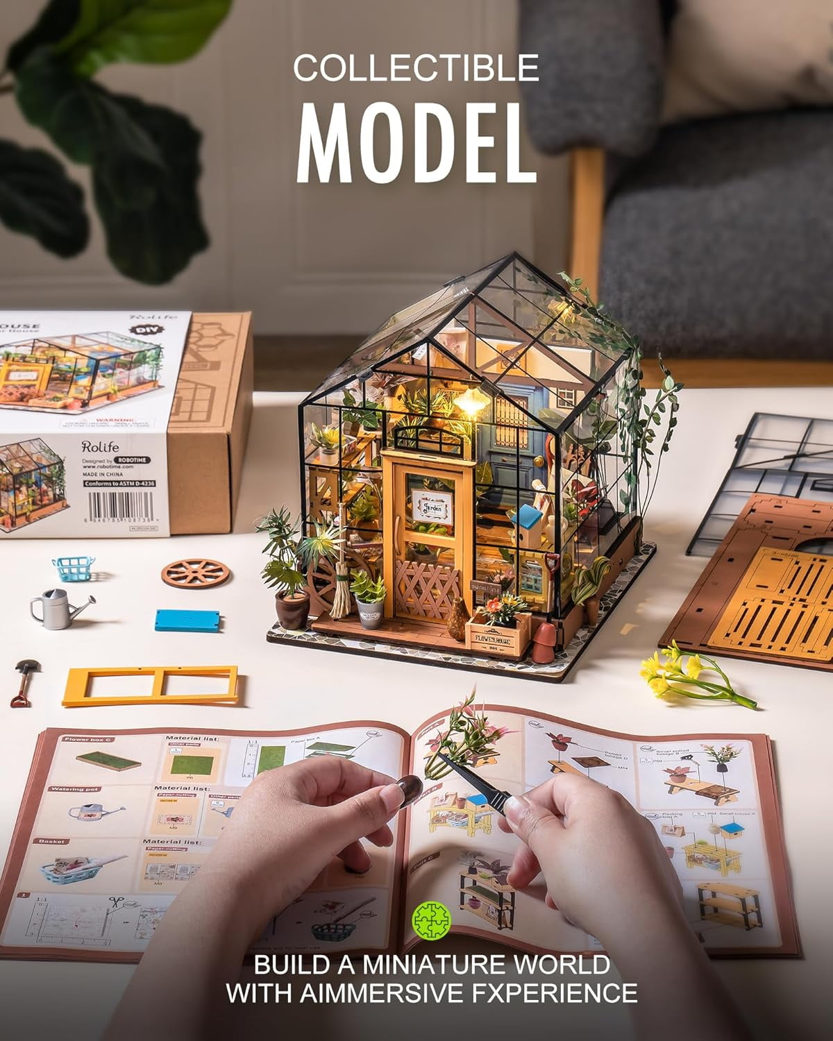 Rolife Cathy's Greenhouse DIY Miniature House Kit, Transparent Arch Greenhouse Model with Plants & Furniture for Adults, No-Glue Assembly Pre-Colored Wooden Craft Kit, Home Decor Gift for Plant Lover