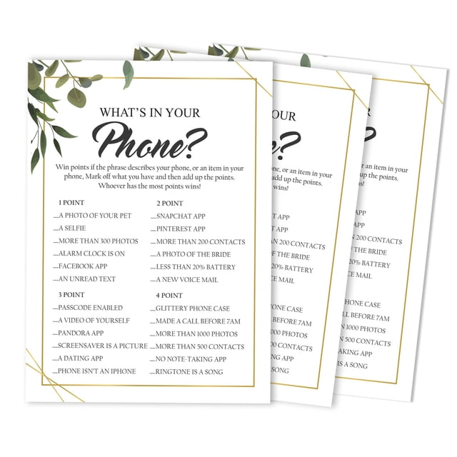 Inkdotpot 50-PackGreeneryWhats On Your Phone Bridal ShowerGameWedding Shower Bachelorette Party Bulk ActivityGameCards