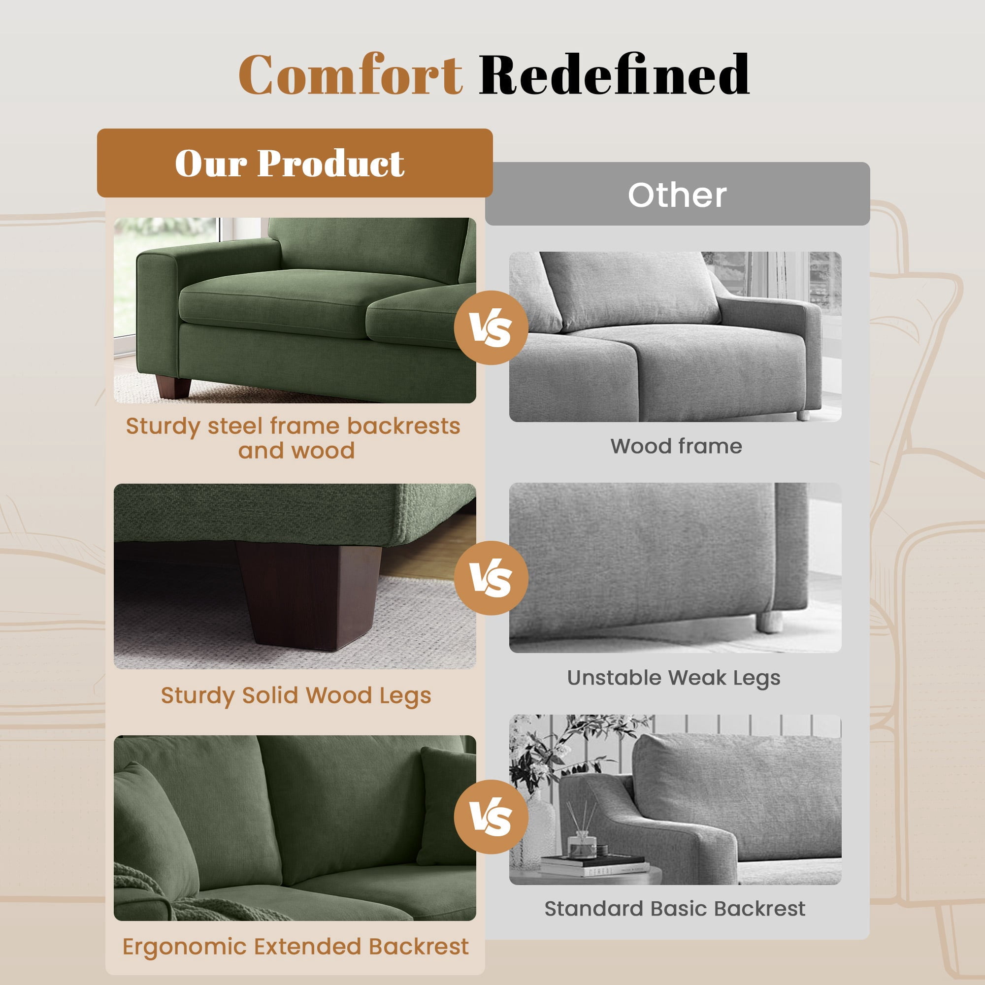 Poshby 88.58''W 3 Seater Sofa Couch with Chenille, Modern Square Arm for Living Room, Light Green