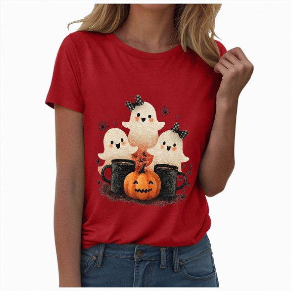 TOWED22 Womens Cute Ghost Pumpkin Flowers Shirt Fall Pumpkin Vintage Flowers Tshirt Halloween Funny Graphic Blouse Casual Basic Tee(Red,L)
