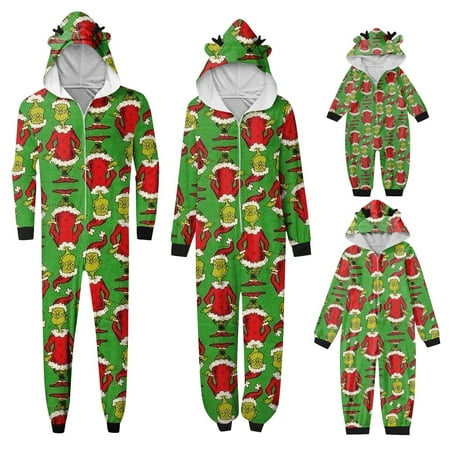 

2024 Christmas Grinch Family Matching Jumpsuit Grinch Fashion Print Hooded Loungwear Family Matching Pajamas for Baby Kid Men Women