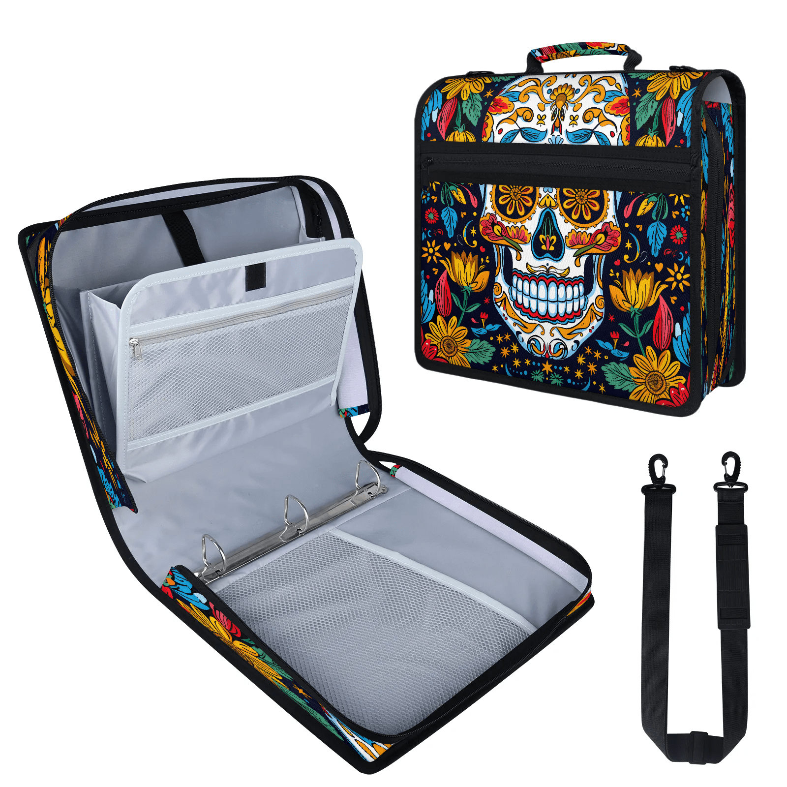 Herdesigns Sugar Skull Gothic Halloween Zipper Binder with Shoulder Strap, Waterproof 1.5 Inch 3 D-Ring Binder Organizer Bag, Fits 13 Inch Laptop for Work,