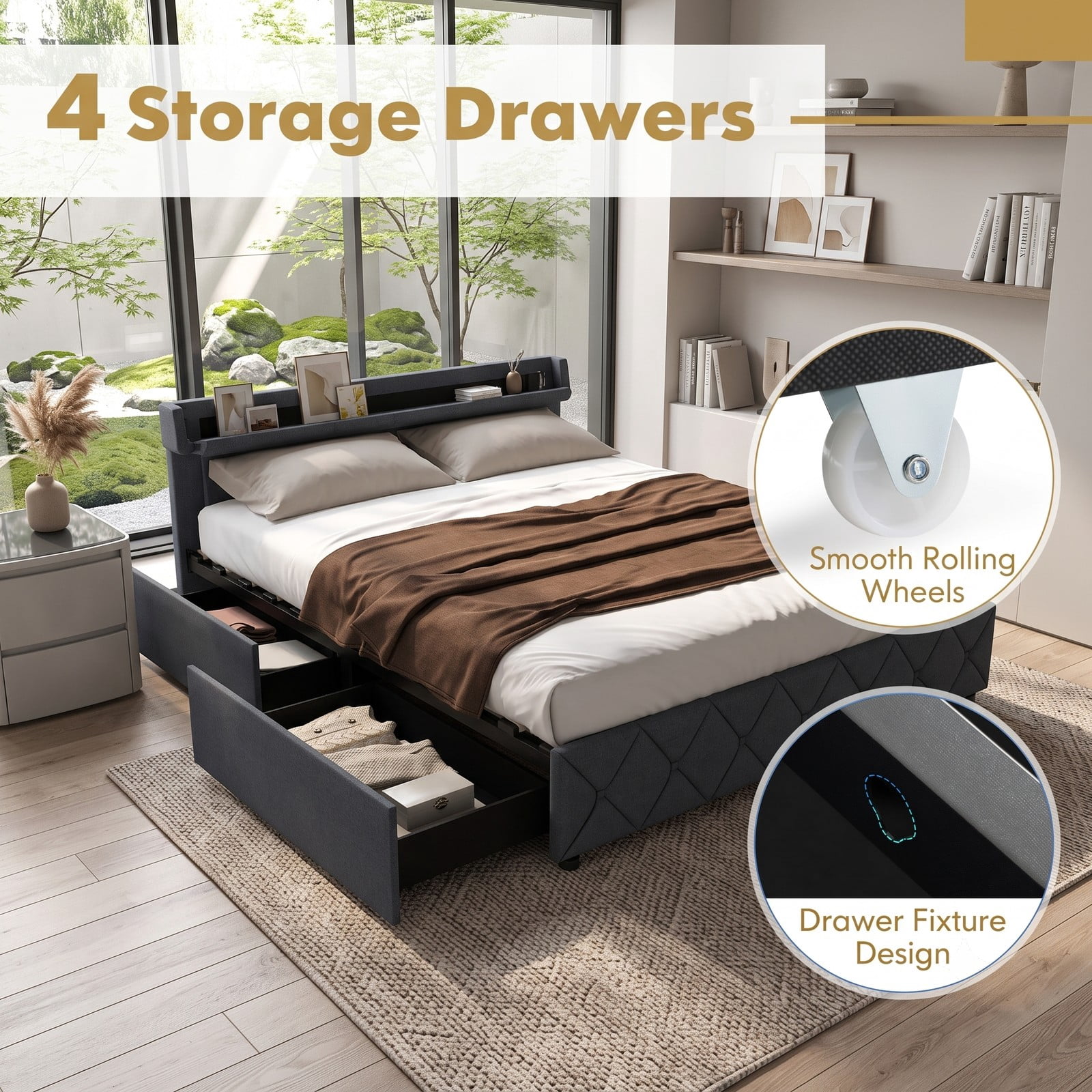 Furnibear Queen Size Bed Frame with LED Storage Headboard 4 Drawers and USB Ports, Upholstered Queen Platform Bed Frame for Bedroom, Gray