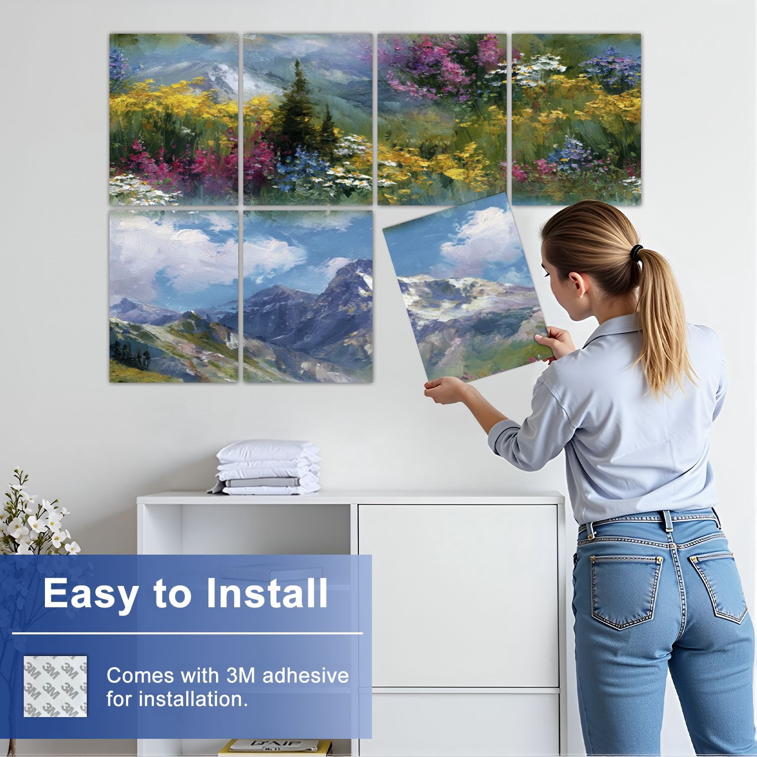 8 Pack Art Acoustic Panels Sound Absorbing Vibrant Mountain Landscape Wildflowers Decorative Soundproof Wall Panels Self Adhesive for Nursery Game Room Bedroom 48"x32"